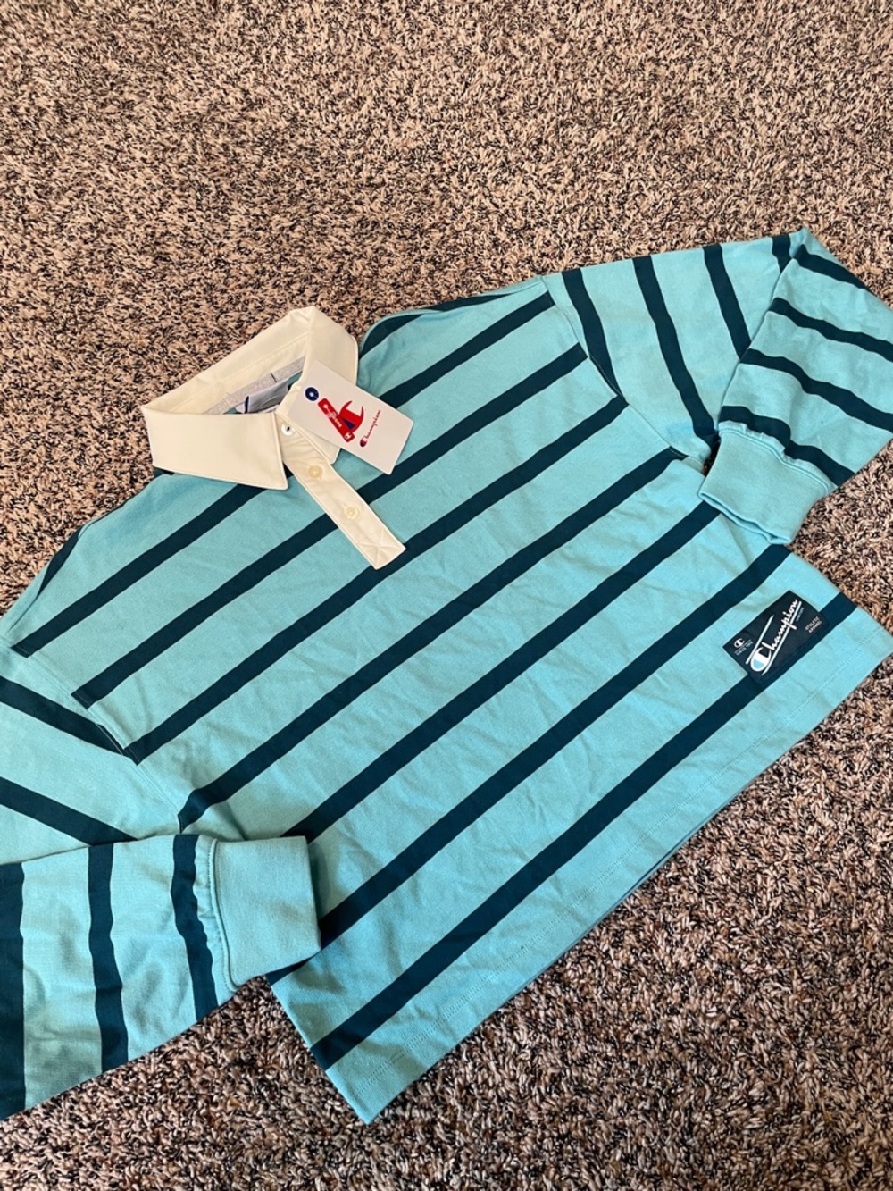 Champion Point Cropped Rugby Tee Milky Way Stripe Blue Collared Var Sizes NWT - Picture 3 of 8